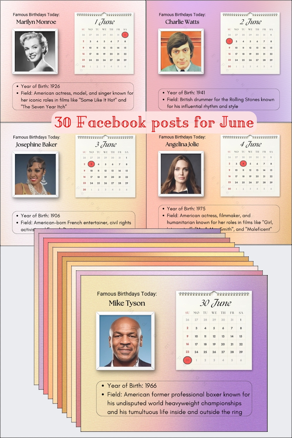 June Celebrations: Iconic Birthdays Social Media Kit |30 Facebook posts | ColorBlend | 30 posts for June | Canva template | Gradients pinterest preview image.