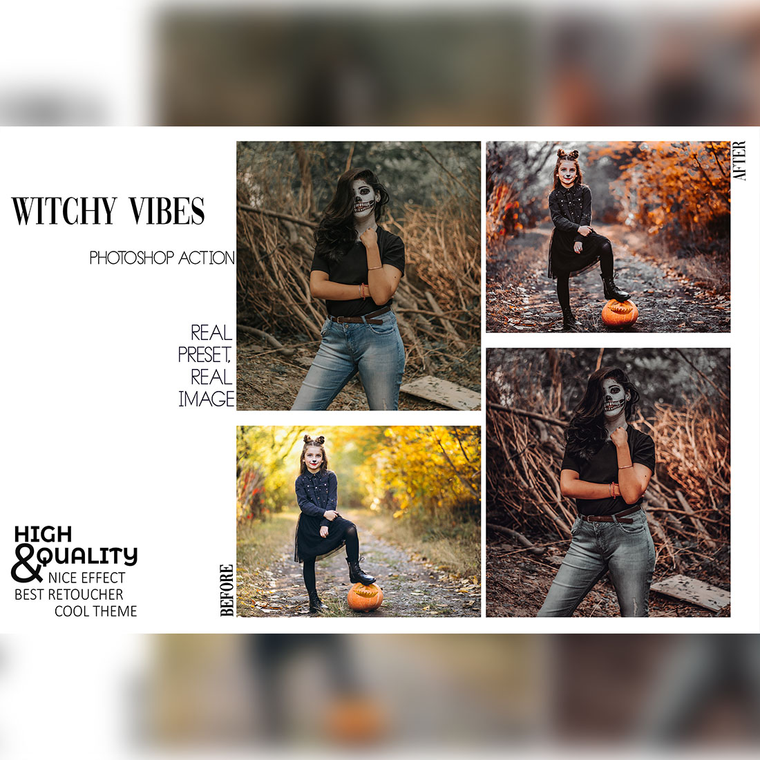 12 Photoshop Actions, Halloween Vibes Ps Action, Autumn Moody ACR Preset, Horror Ps Filter, Atn Portrait Lifestyle Theme Instagram Blogger preview image.