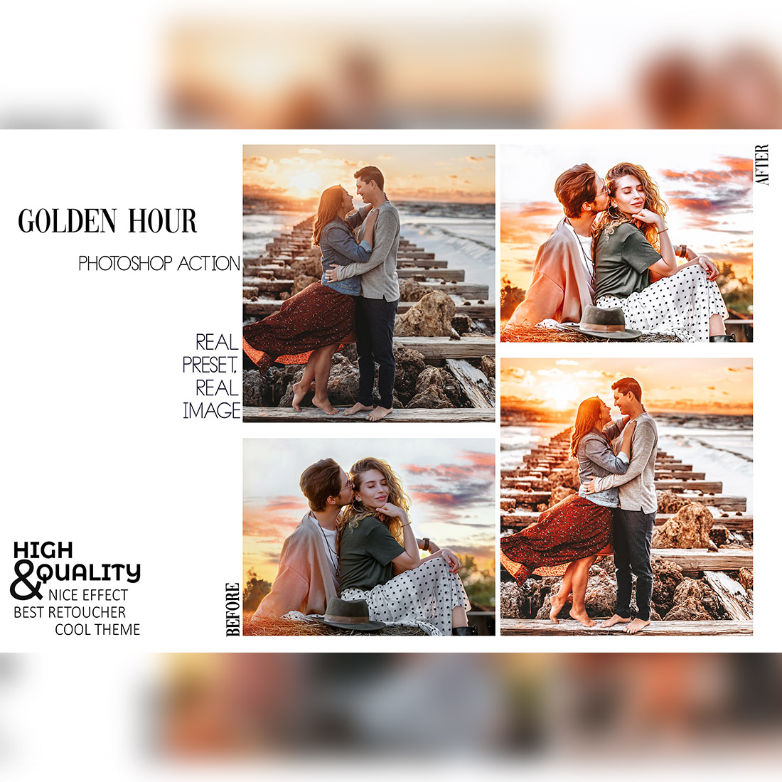 12 Photoshop Actions, My Love Ps Action, Golden Hour ACR Preset, Romance Ps Filter, Atn Portrait And Lifestyle Theme Instagram, Blogger Warm preview image.
