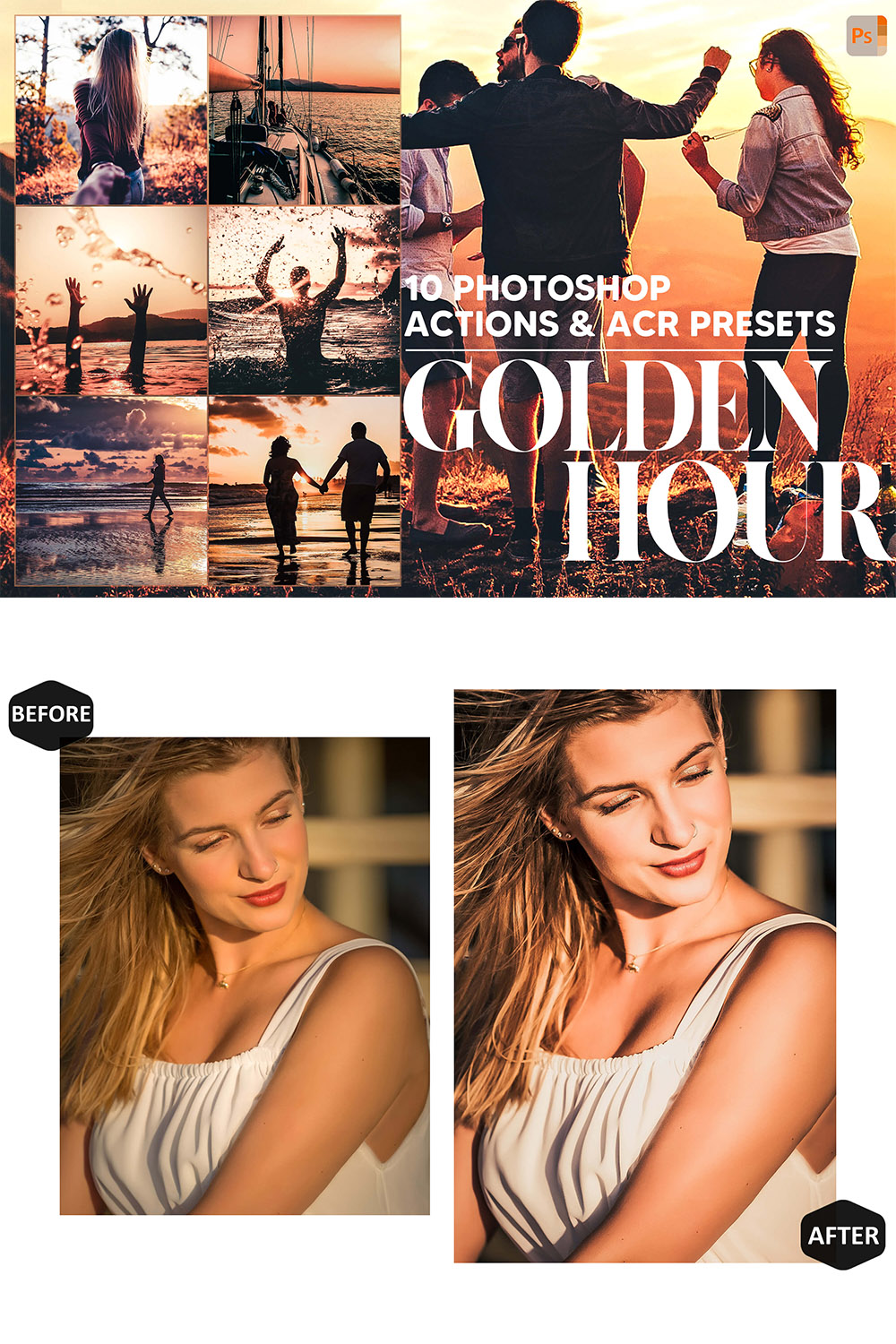 10 Photoshop Actions, Golden Hour Ps Action, Sunset ACR Preset, Sunshine Ps Filter, Atn Portrait And Lifestyle Theme For Instagram, Blogger pinterest preview image.