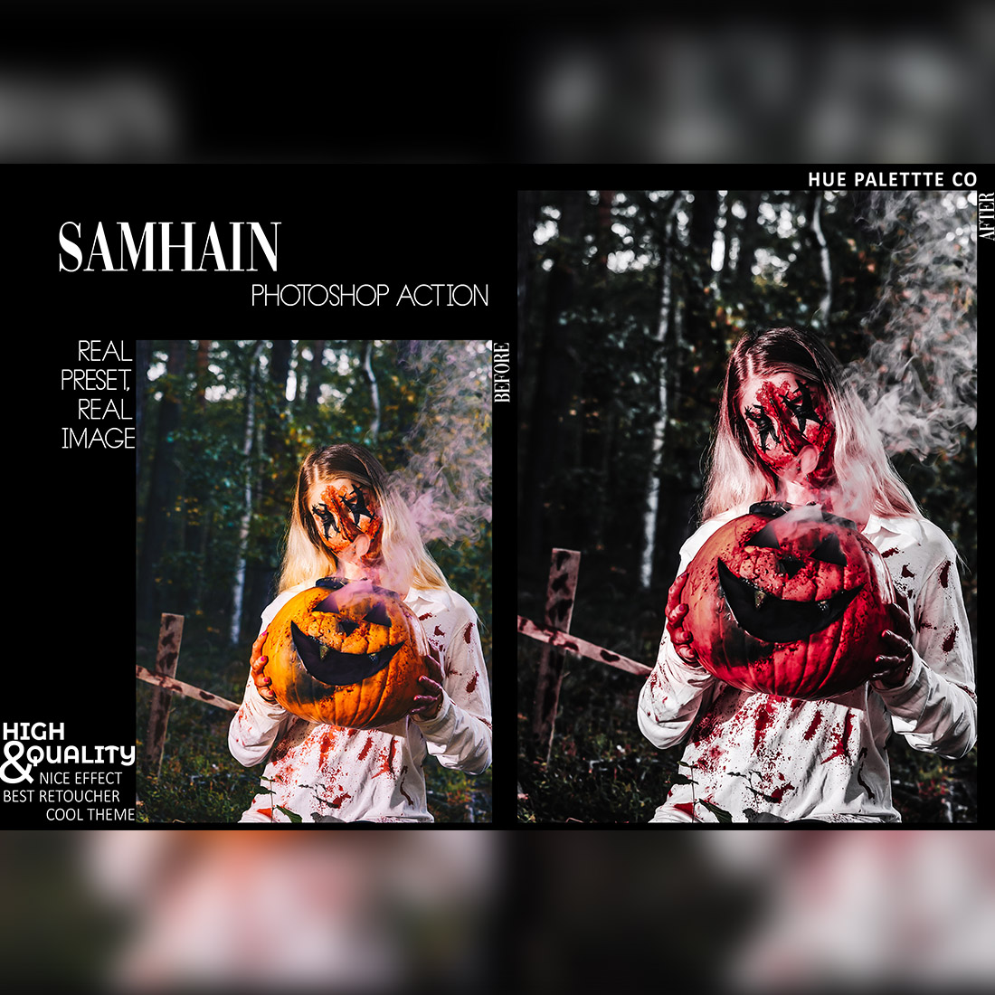 10 Photoshop Actions, Bloody Halloween Ps Action, Deep Moody ACR Preset, Horror Ps Filter, Portrait Atn Blogger Theme Instagram, Lifestyle preview image.