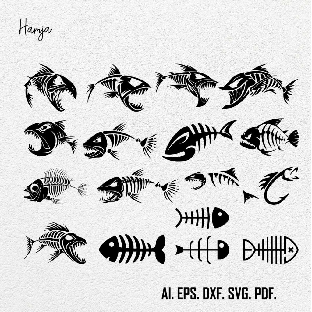 Fish Bones SVG Bundle, Dead Fish Bone Clipart, Pike Skeleton Silhouette ...