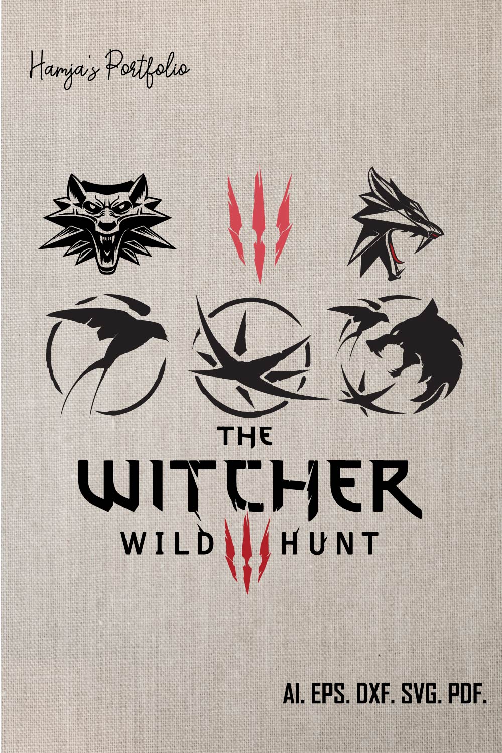 Witcher svg Bundle Pack , Geralt of Rivia svg, White wolf svg, Witcher Logo medallion svg, Silhouette SVG Cricut, dxf, png, jpg pinterest preview image.