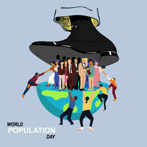 flat world population day illustration with people from different backgrounds and ages cover image.