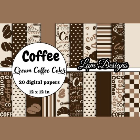 hand-drawn coffee digital papers, cream coffee color cover image.