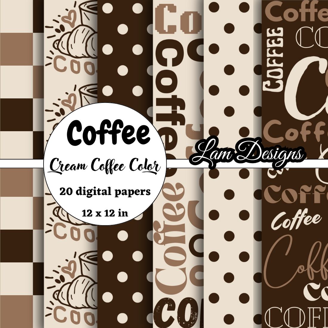 hand-drawn coffee digital papers, cream coffee color pinterest preview image.