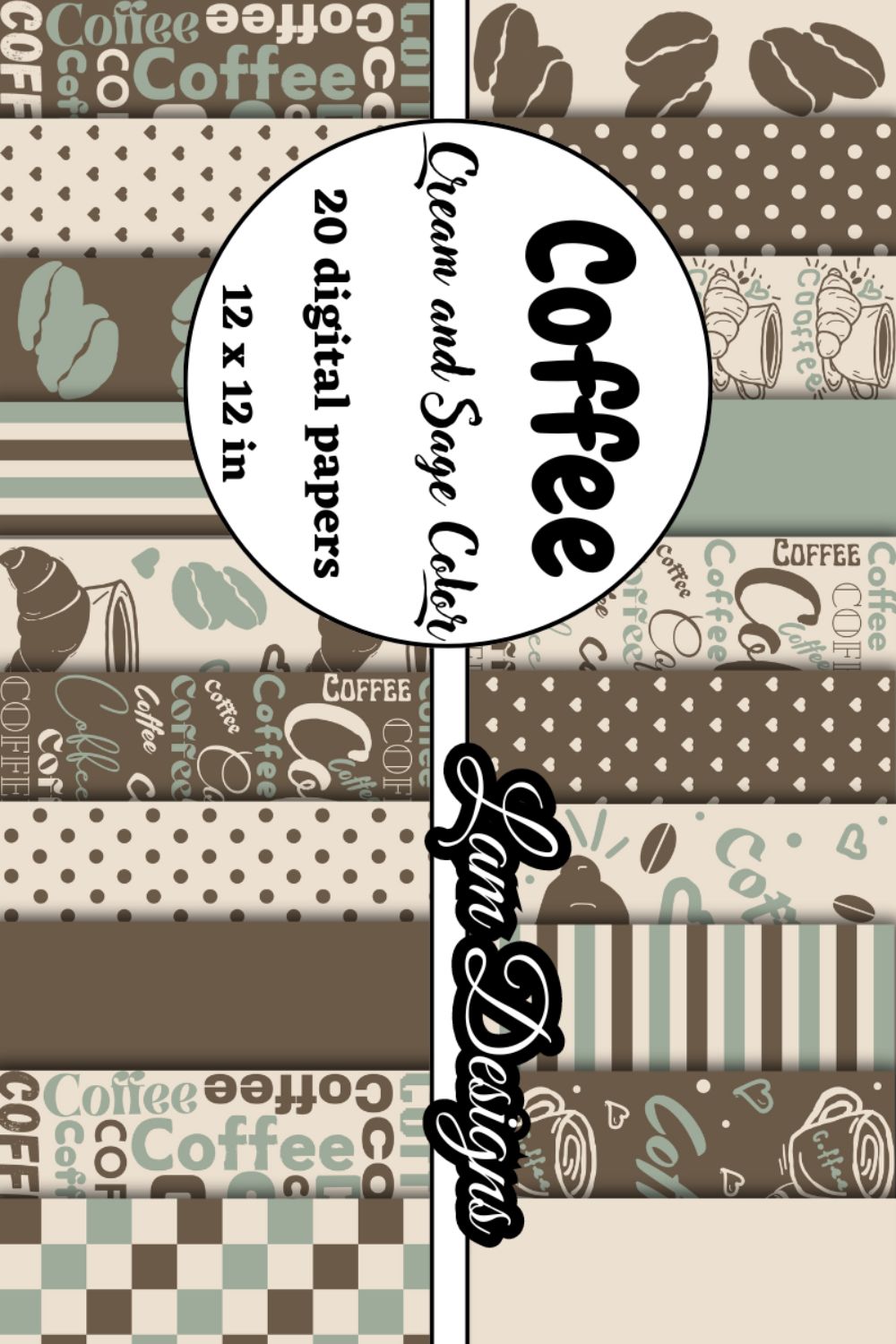hand-drawn coffee digital papers, Cream and Sage Color pinterest preview image.