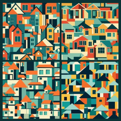 12 Seamless Pattern of Vintage Colorful Houses cover image.