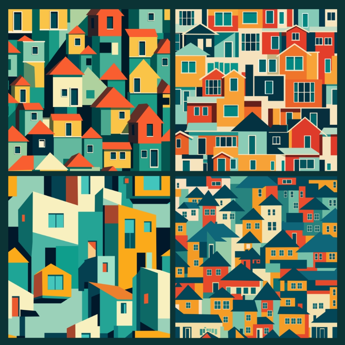 12 Seamless Pattern of Vintage Colorful Houses preview image.
