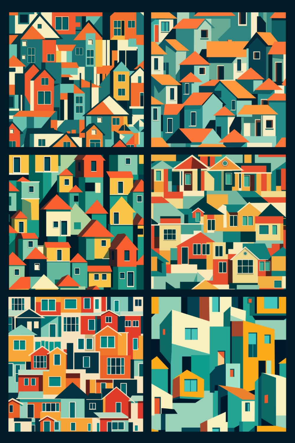 12 Seamless Pattern of Vintage Colorful Houses pinterest preview image.