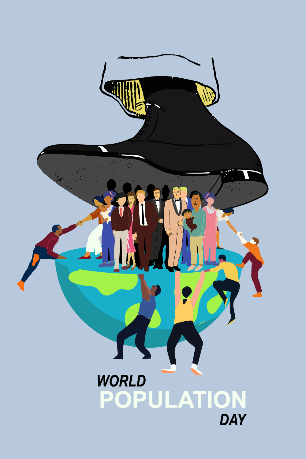 flat world population day illustration with people from different backgrounds and ages pinterest preview image.