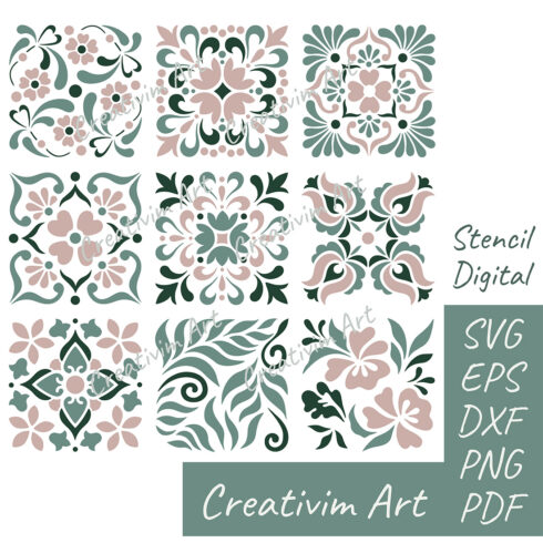 Tile stencil Floral, digital SVG DXF PNG files for Silhouette Cricut Cameo laser cnc cut files, commercial use cover image.