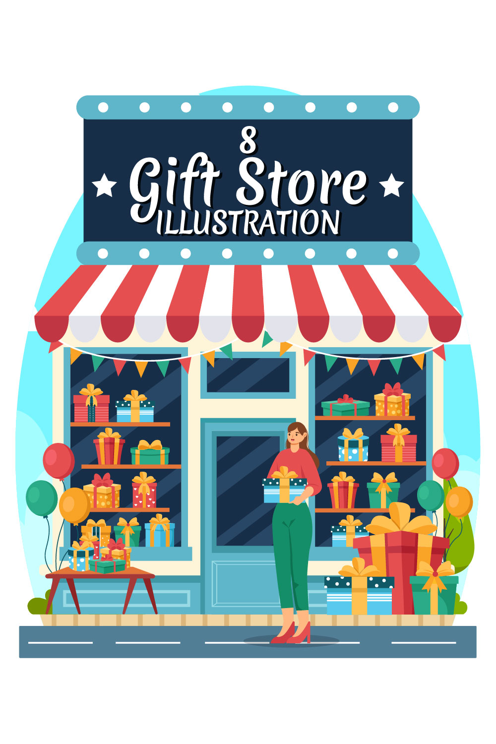 8 Gifts Store Design Illustration pinterest preview image.