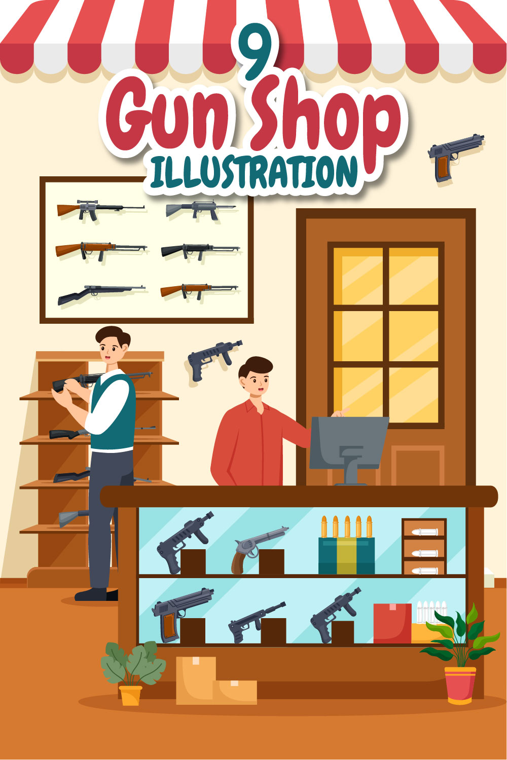 9 Gun Shop or Hunting Illustration pinterest preview image.