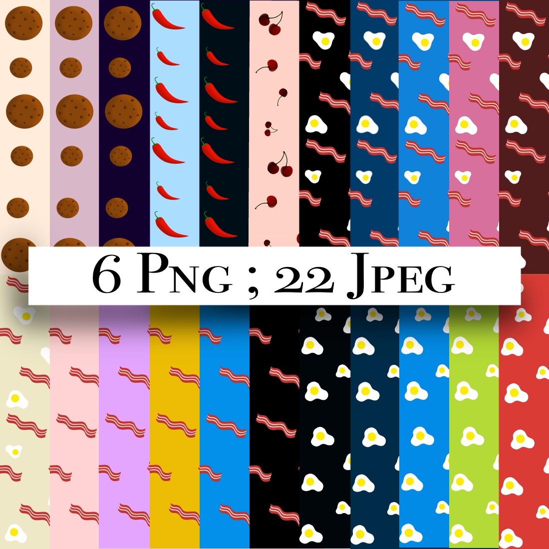 6 seamless patterns with food preview image.
