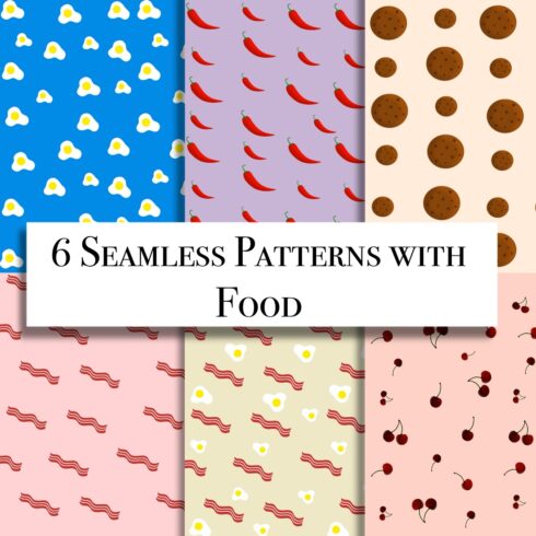 6 seamless patterns with food cover image.