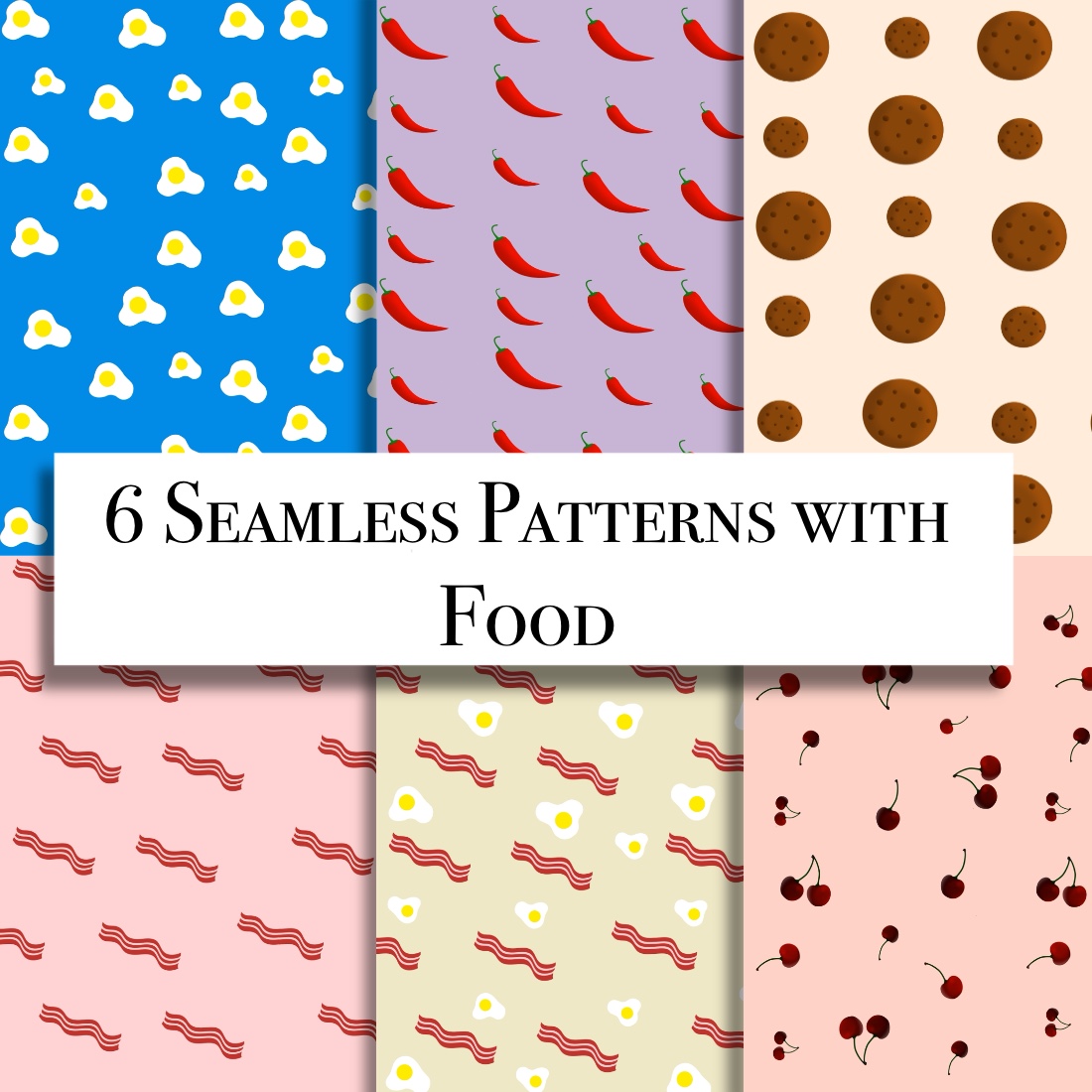 6 seamless patterns with food cover image.