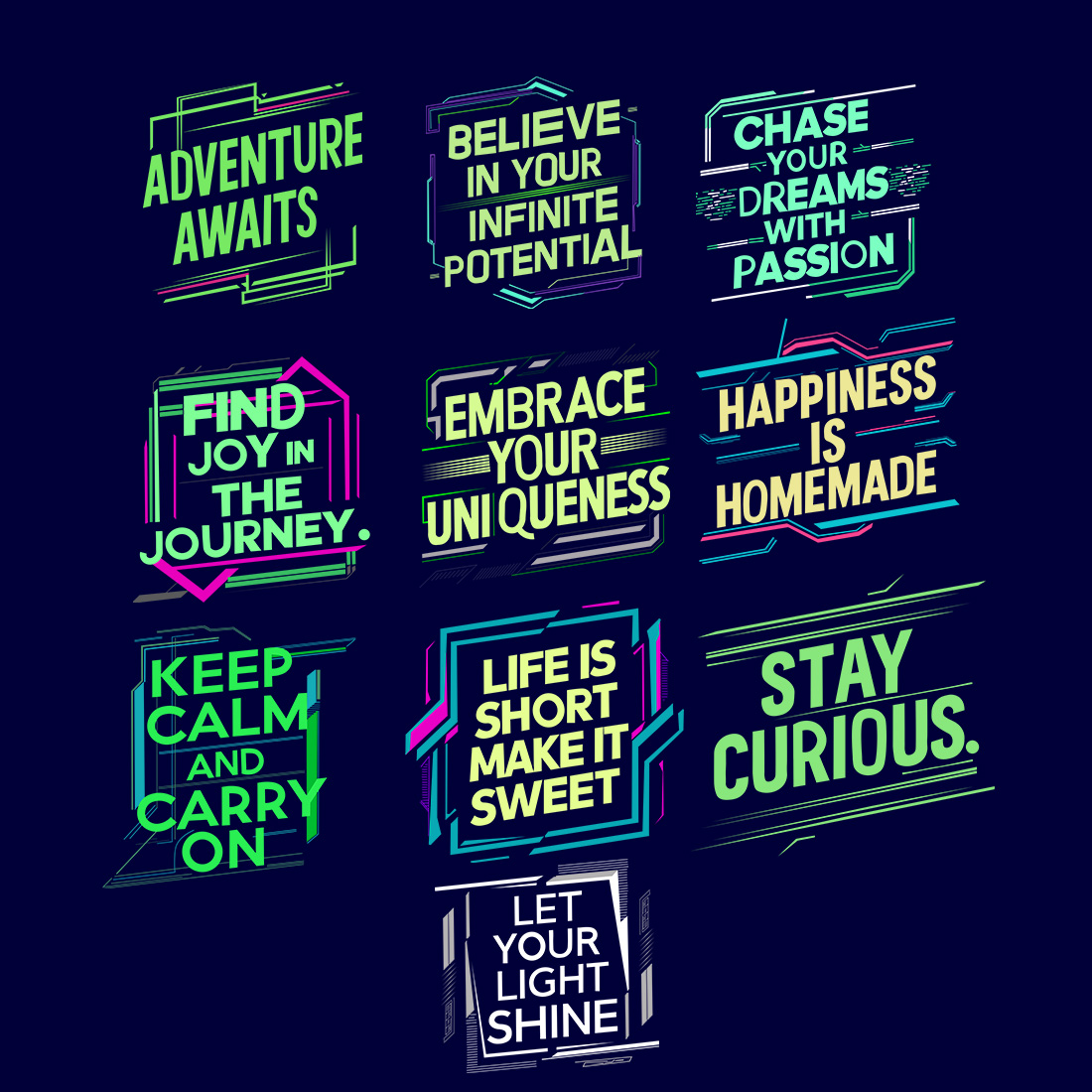 10 futuristic neon-modern typography motivational quote bundle preview image.
