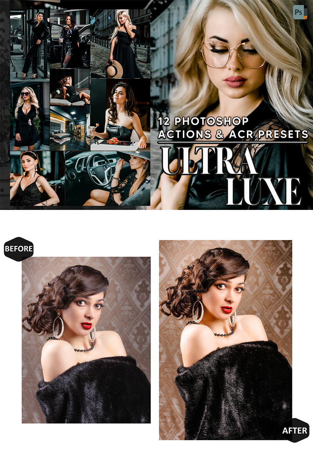 12 Photoshop Actions, Ultra Luxe Ps Action, Luxurious ACR Preset, Black Luxury Ps Filter, Atn Portrait And Lifestyle Theme Instagram Blogger pinterest preview image.