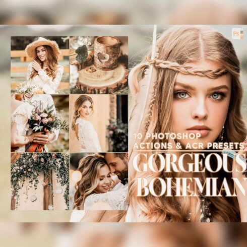 10 Photoshop Actions, Gorgeous Bohemian Ps Action, Bright Wedding ACR Preset, Romantic Ps Filter, Portrait And Lifestyle Theme For Instagram, Blogger cover image.