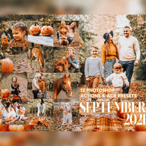 12 Photoshop Actions, September 2021 Ps Action, Pumpkin ACR Preset, Autumn Ps Filter, Atn Portrait And Lifestyle Theme For Instagram Blogger cover image.