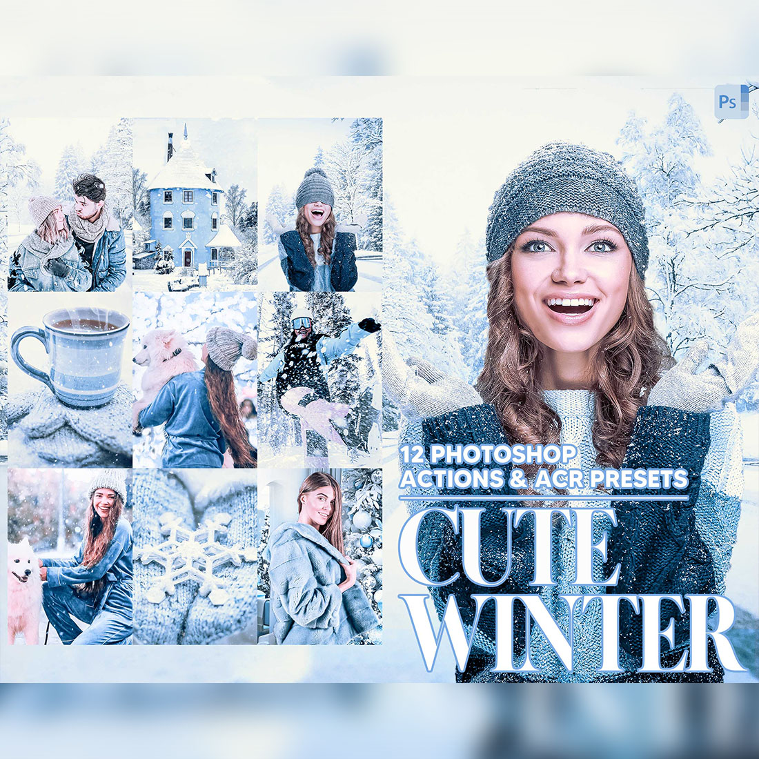 12 Photoshop Actions, Cute Winter Ps Action, Snow ACR Preset, Christmas Ps Filter, Atn Portrait And Lifestyle Theme For Instagram, Blogger cover image.
