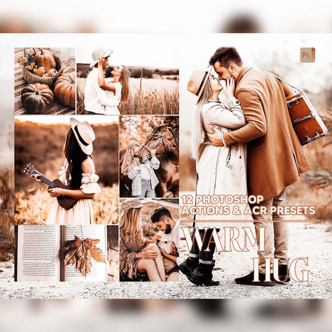 12 Photoshop Actions, Warm Hug Ps Action, Love ACR Preset, Autumn Ps Filter, Atn Portrait And Lifestyle Theme For Instagram, Blogger cover image.