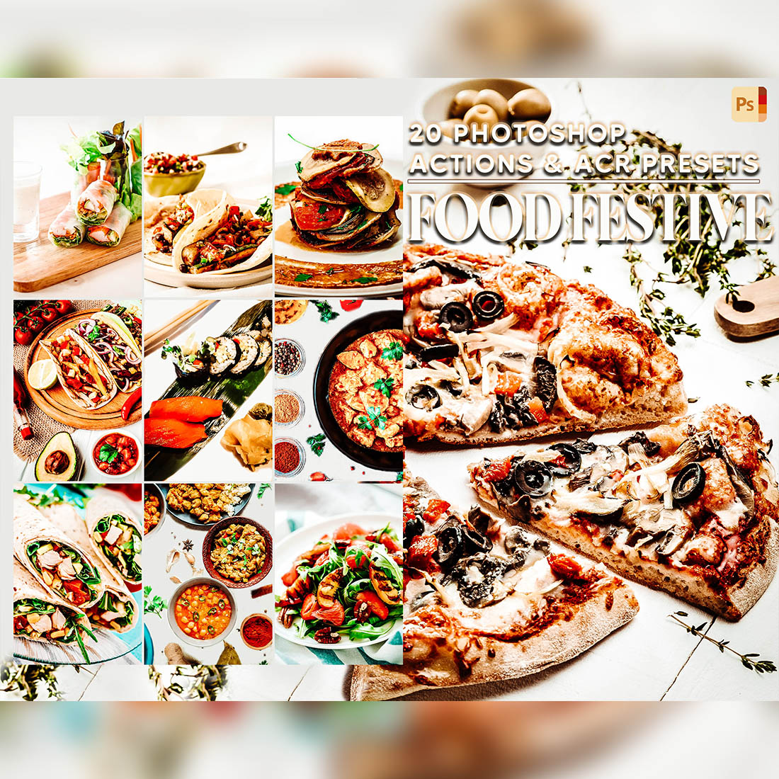 20 Photoshop Actions, Food Festive Ps Action, Bright ACR Preset, Vibrant Ps Filter, Atn Portrait And Lifestyle Theme For Instagram, Blogger cover image.