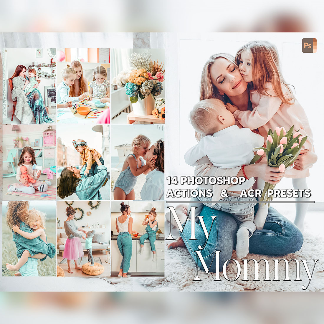 14 Photoshop Actions, My Mommy Ps Action, Light ACR Preset, Pastel Ps Filter, Atn Pictures And style Theme For Instagram, Blogger cover image.