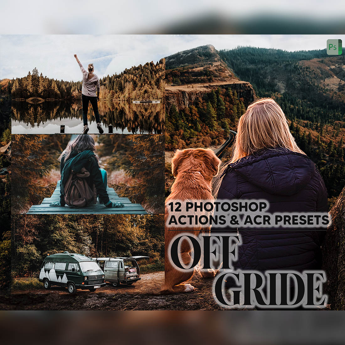12 Photoshop Actions, Off Gride Ps Action, Moody ACR Preset, Nature Ps Filter, Atn Portrait And Lifestyle Theme For Instagram Blogger cover image.