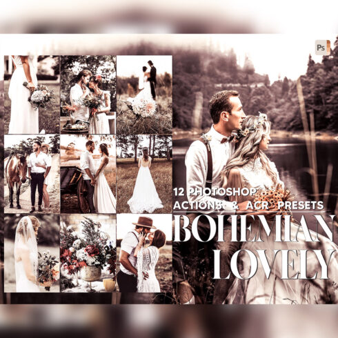 12 Photoshop Actions, Bohemian Lovely Ps Action, Bright ACR Preset, Cool Dark Ps Filter, Boho Pictures And style Theme For Instagram, Blogger cover image.