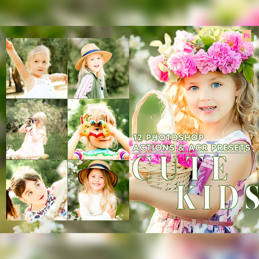 12 Photoshop Actions, Cute Kids Ps Action, Bright ACR Preset, Children Ps Filter, Portrait And Lifestyle Theme For Instagram, Blogger cover image.