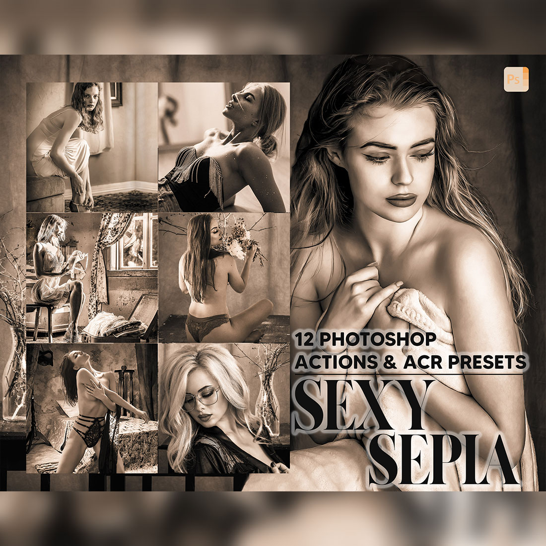 12 Photoshop Actions, Sexy Sepia Ps Action, Boudoir ACR Preset, Monocolor Ps Filter, Atn Portrait And Lifestyle Theme Instagram Blogger, B&W cover image.