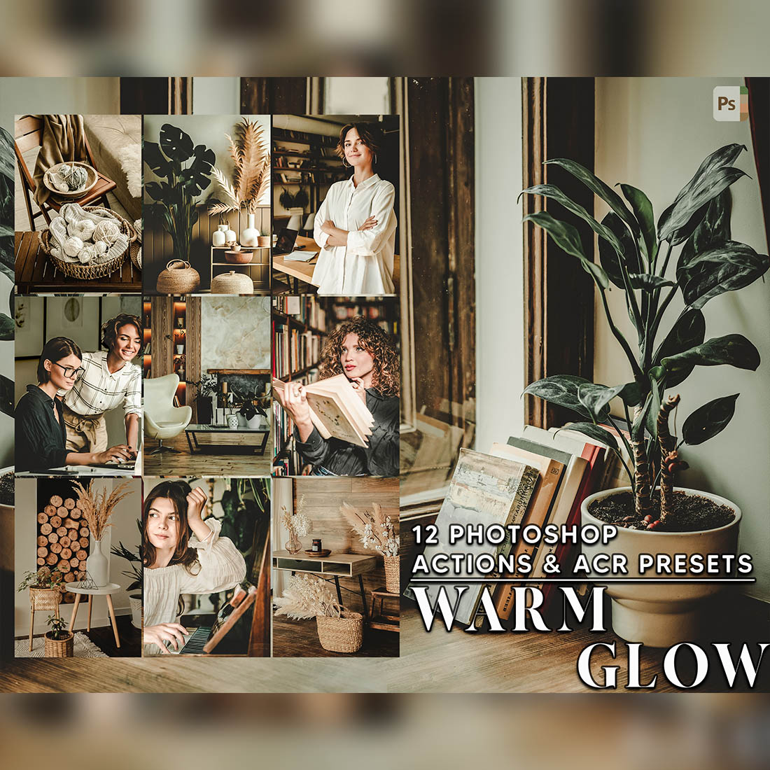 12 Photoshop Actions, Warm Glow Ps Action, Vintage Style ACR Preset, Moody Ps Filter, Atn Portrait And Lifestyle Theme For Instagram, Blogger cover image.