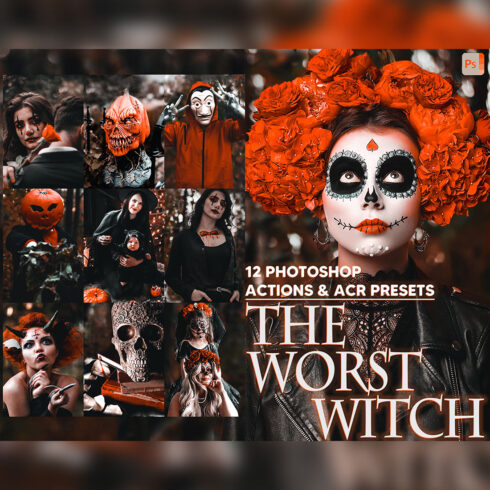 12 Photoshop Actions, The Worst Witch Ps Action, Halloween ACR Preset, Spooky Ps Filter, Atn Portrait And Lifestyle Theme Instagram, Blogger cover image.