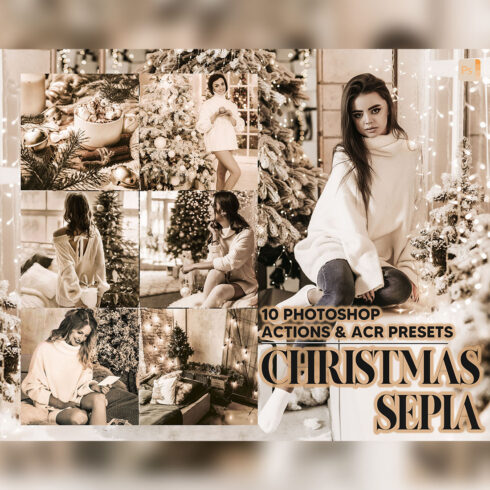 10 Photoshop Actions, Christmas Sepia Ps Action, B&W Xmas ACR Preset, Winter Ps Filter, Atn Portrait And Lifestyle Theme Instagram Blogger cover image.