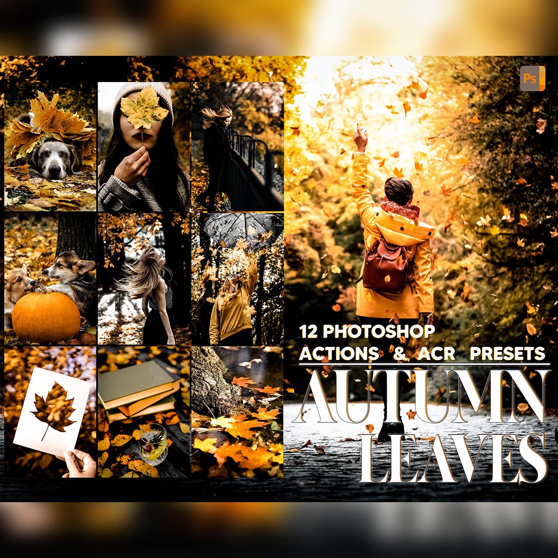 12 Photoshop Actions, Autumn Leaves Ps Action, Fall ACR Preset, Pumpkin Ps Filter, Atn Portrait And Lifestyle Theme For Instagram, Blogger cover image.