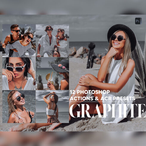 12 Photoshop Actions, Graphite Ps Action, Smooky Gray ACR Preset, Grey Ps Filter, Atn Portrait And Lifestyle Theme For Instagram, Blogger cover image.