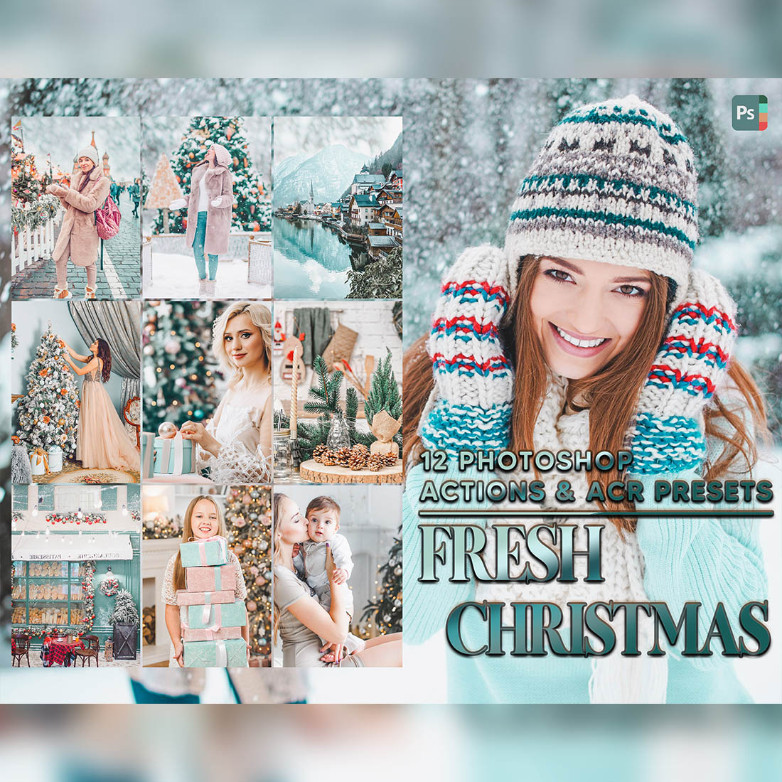 12 Photoshop Actions, Fresh Christmas Ps Action, Holiday ACR Preset, Green And Blue Ps Filter, Atn Portrait And Lifestyle Theme For Instagram, Blogger cover image.