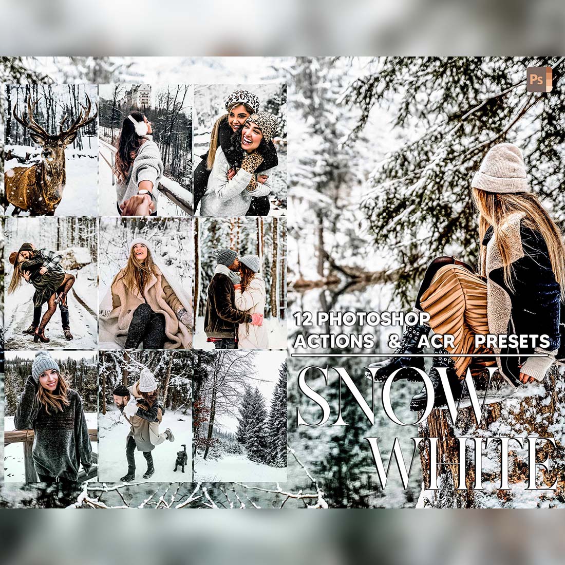 12 Photoshop Actions, Snow White Ps Action, Moody ACR Preset, Cool Light Ps Filter, Atn Pictures And style Theme For Instagram, Blogger cover image.