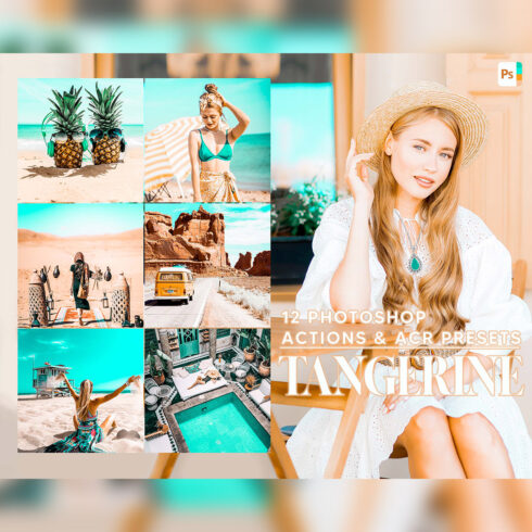 12 Photoshop Actions, Tangerine Ps Action, Bright ACR Preset, Teal Blue Ps Filter, Portrait And Lifestyle Theme For Instagram, Blogger cover image.