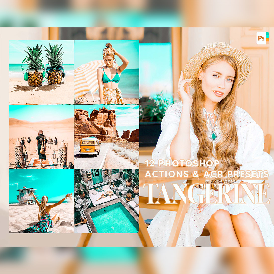 12 Photoshop Actions, Tangerine Ps Action, Bright ACR Preset, Teal Blue Ps Filter, Portrait And Lifestyle Theme For Instagram, Blogger cover image.