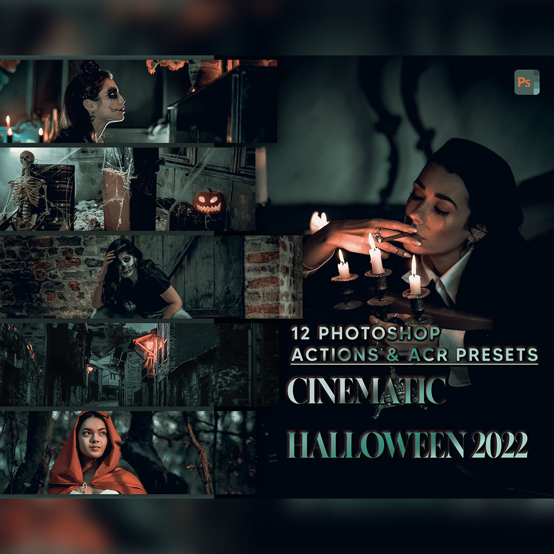 12 Photoshop Actions, Cinematic Halloween 2022 Ps Action, Film ACR Preset, Cinema Ps Filter, Atn Portrait And Lifestyle Theme For Instagram, Blogger cover image.