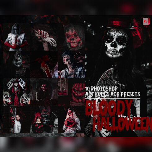 10 Photoshop Actions, Bloody Halloween Ps Action, Deep Moody ACR Preset, Horror Ps Filter, Portrait Atn Blogger Theme Instagram, Lifestyle cover image.