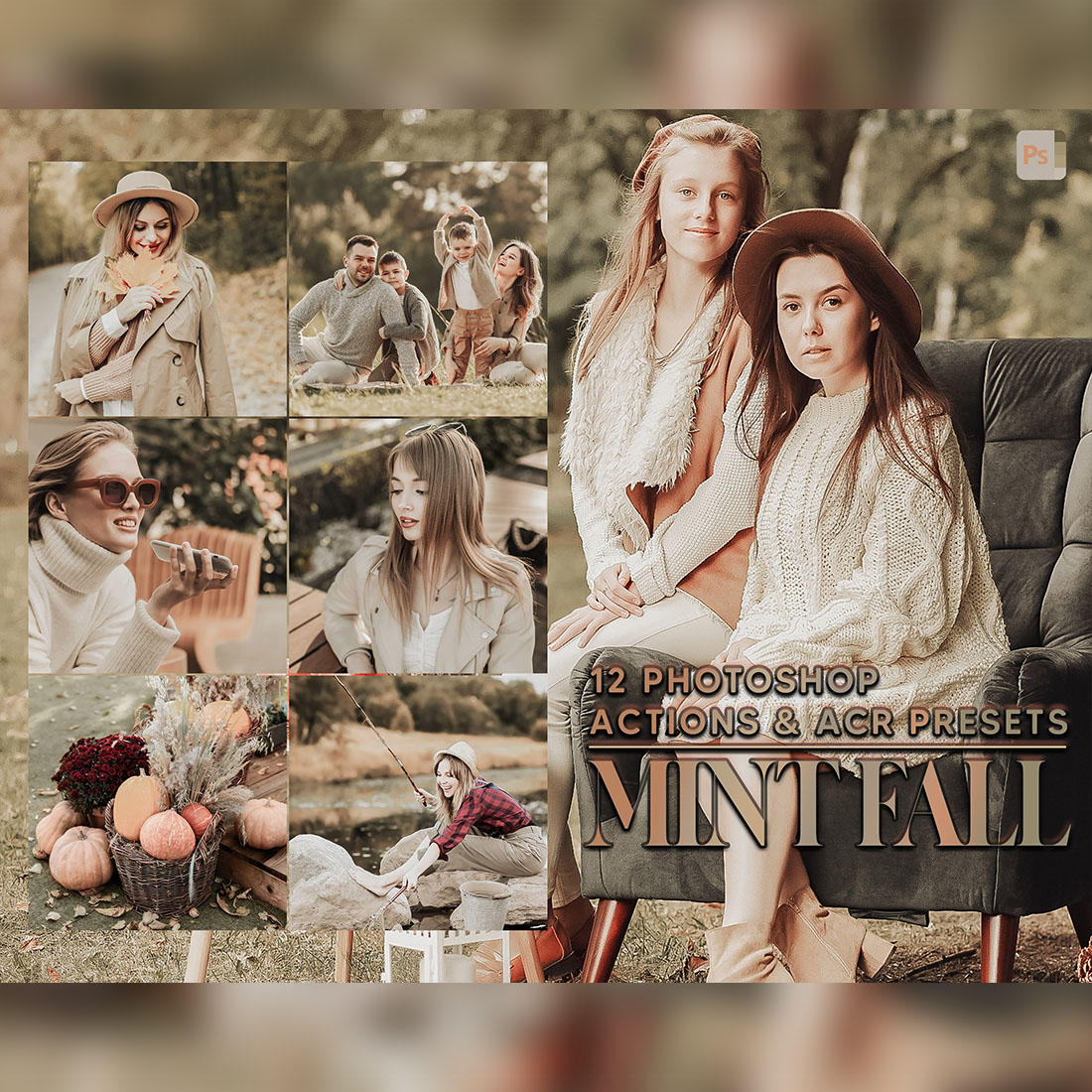 12 Photoshop Actions, Mint Fall Ps Action, Autumn Green ACR Preset, Cream Ps Filter, Atn Portrait And Lifestyle Theme For Instagram, Blogger cover image.