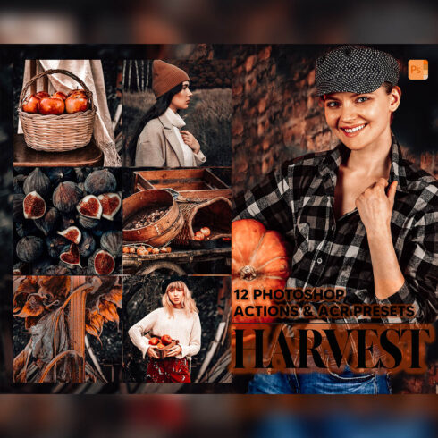 12 Photoshop Actions, Harvest Ps Action, Autumn ACR Preset, Moody Fall Ps Filter, Atn Portrait And Lifestyle Theme Instagram Blogger Orange cover image.