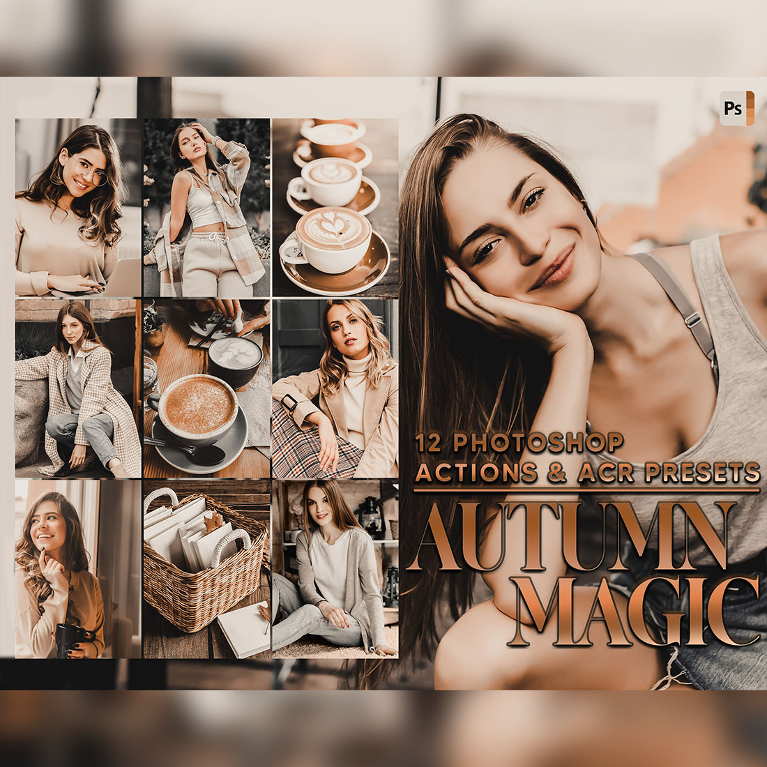 12 Photoshop Actions, Autumn Magic Ps Action, Brown ACR Preset, Season Fall Ps Filter, Atn Portrait And Lifestyle Theme For Instagram, Blogger cover image.