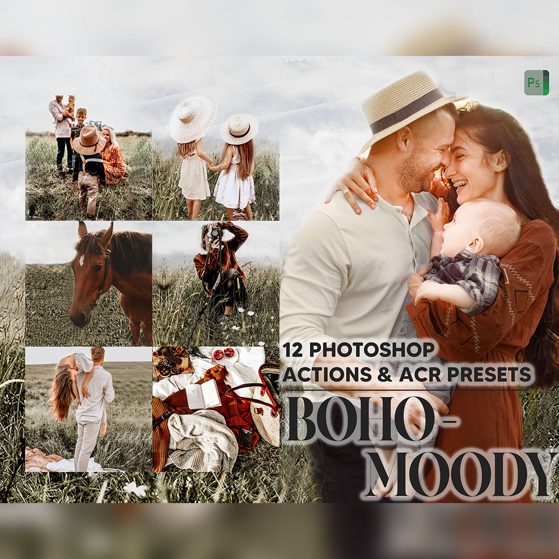 12 Photoshop Actions, Boho-Moody Ps Action, Rustic ACR Preset, Bohemian Ps Filter, Atn Portrait And Lifestyle Theme Instagram, Blogger cover image.
