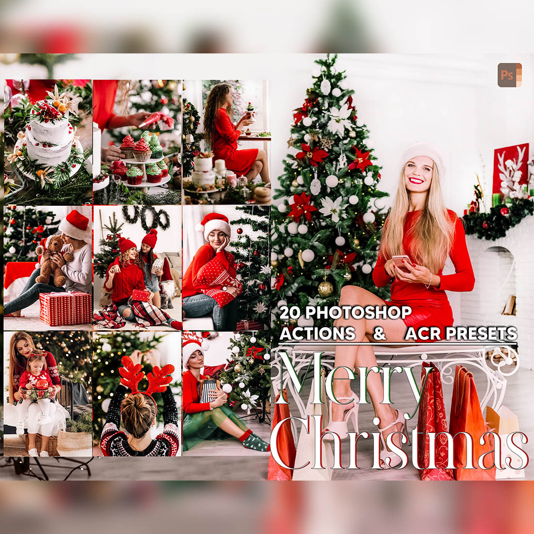 20 Photoshop Actions, Merry Christmas Ps Action, Light ACR Preset, Xmas Ps Filter, Atn Pictures And Style Theme For Instagram, Blogger cover image.