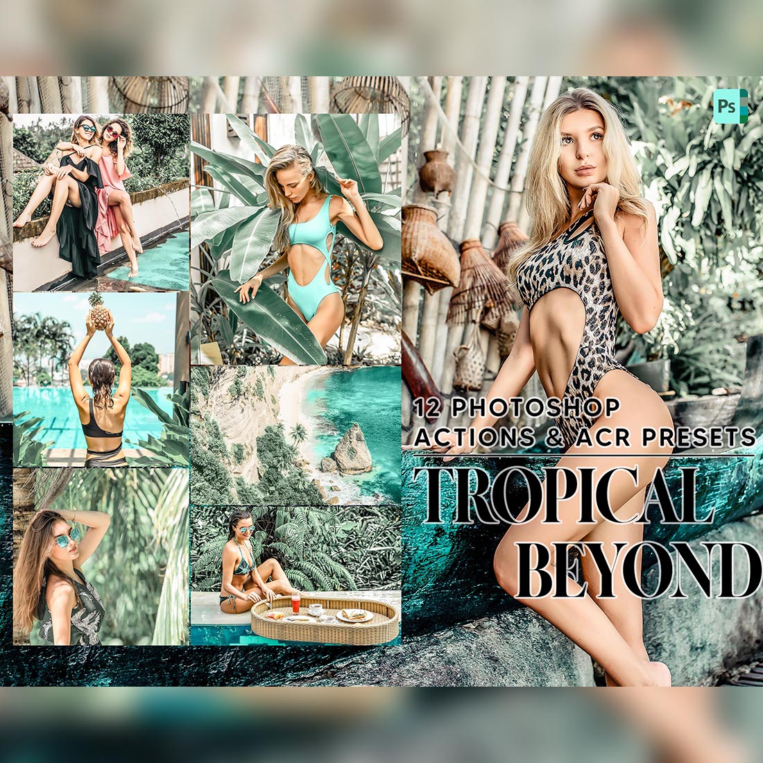 12 Photoshop Actions, Tropical Beyond Ps Action, Landscape ACR Preset, Beach Ps Filter, Portrait And Lifestyle Theme For Instagram, Blogger cover image.